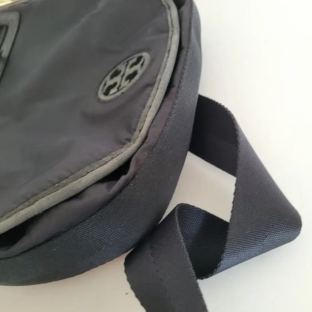 Tory‎ Burch Black Nylon Leather Trim Flap Crossbody Messenger Bag Gold Hardware